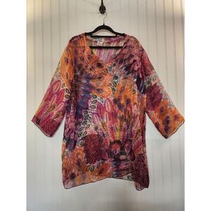 Vintage Rima Women's Multicolor Peacock Print Sheer Chiffon Swim CoverUp Size XL